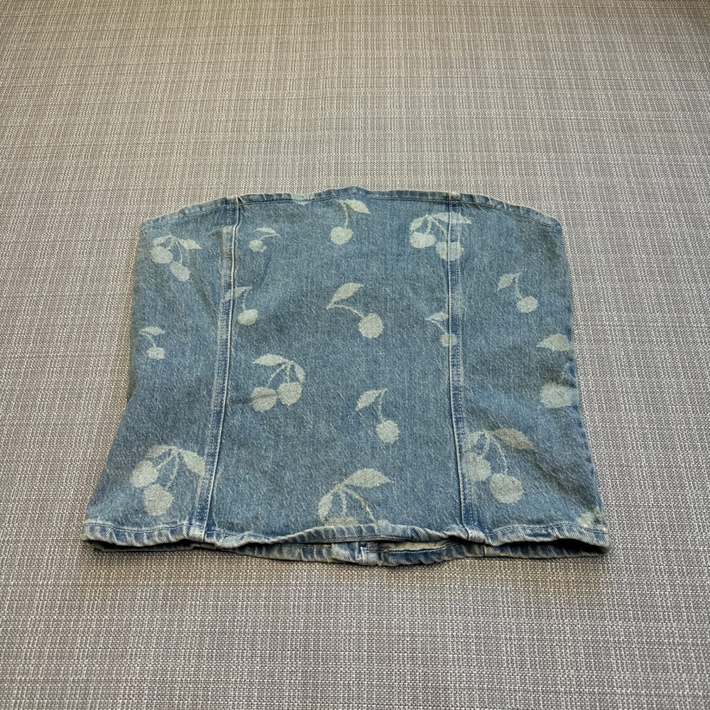 Y2K Cherry Print Denim Corset Top Vero Moda XL Indie Fairy Grunge Festival